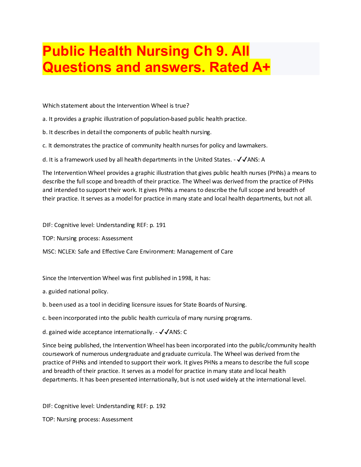 Public Health Nursing Ch 9. All Questions and answers. Rated A+